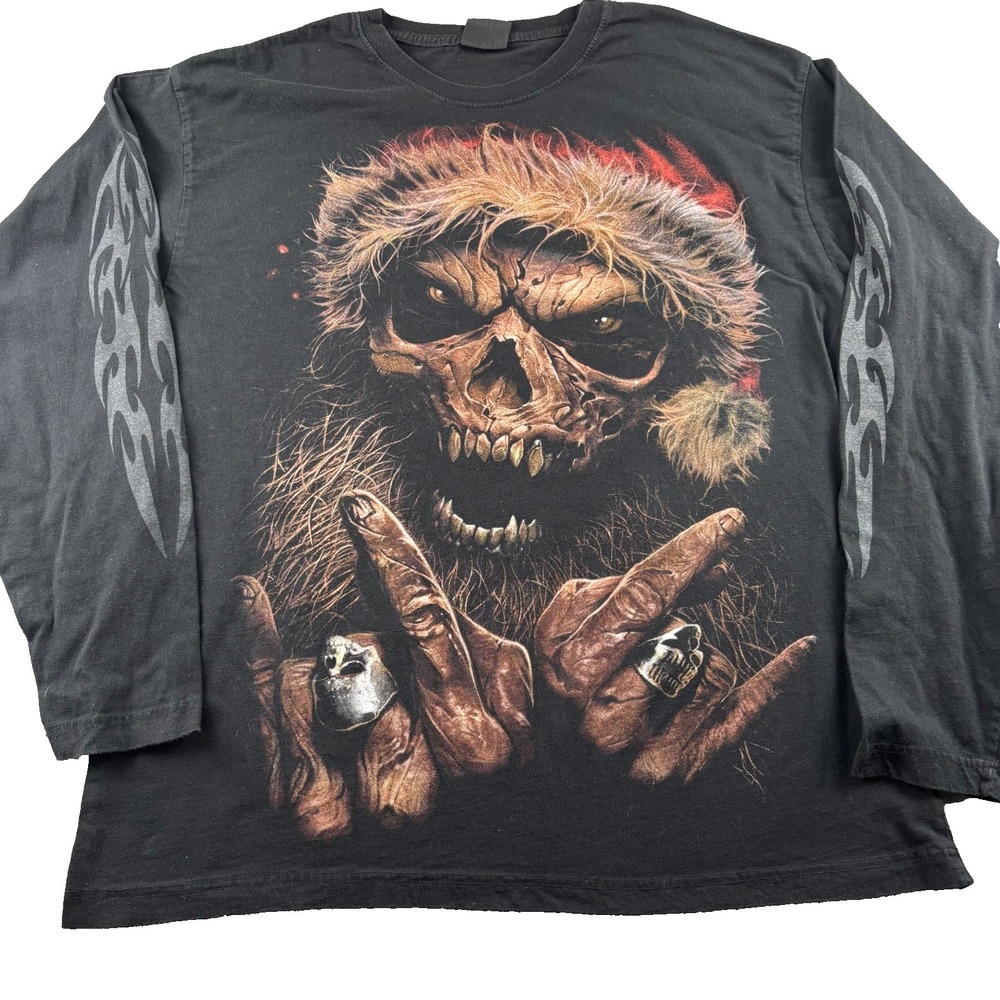 Spiral Direct Rock Santa Shirt 2XL Black Graphic Skull Christmas Hat Flame Sleev